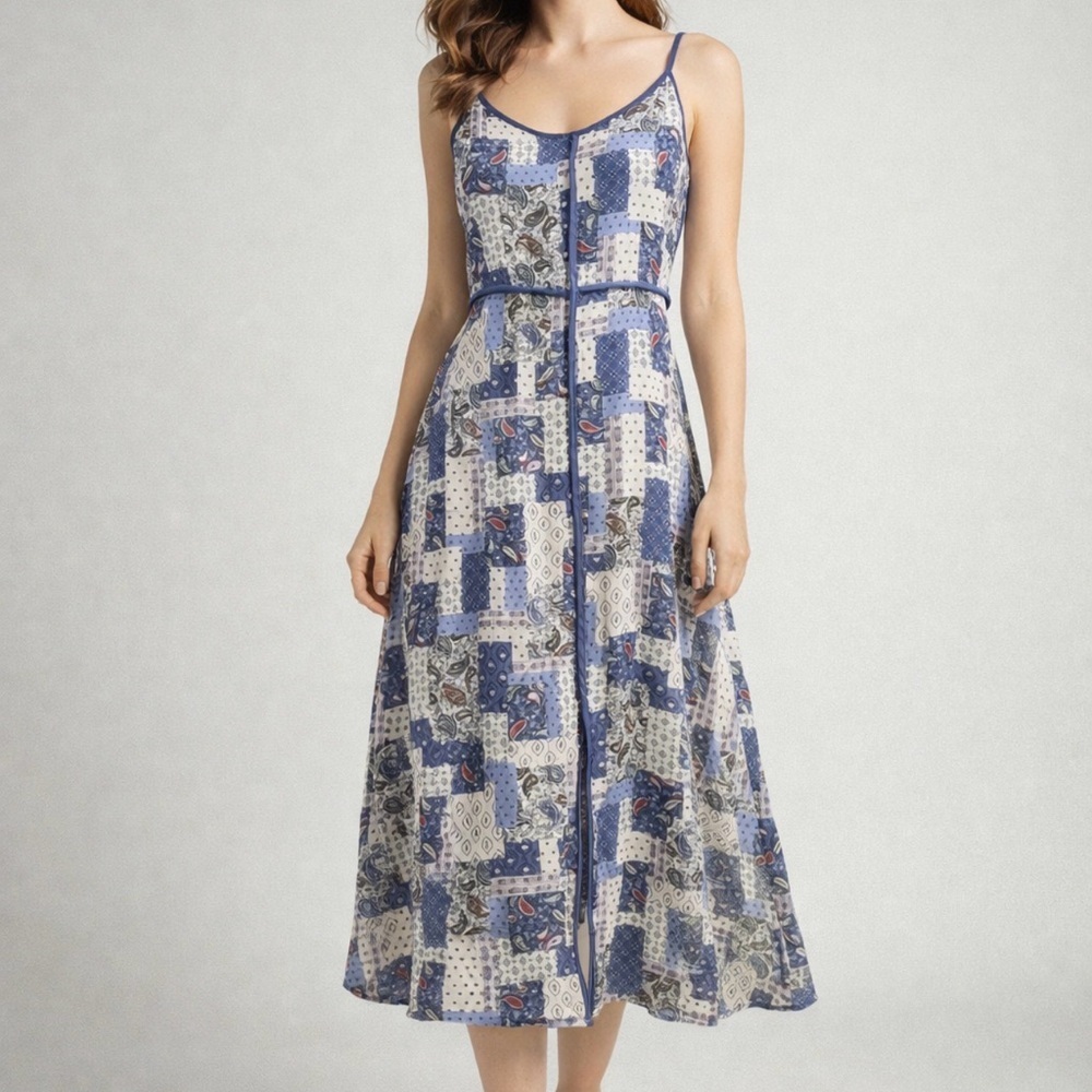 Listicle Boho Patchwork Midi Dress Blue White Rayon Pockets Zip Lined Small